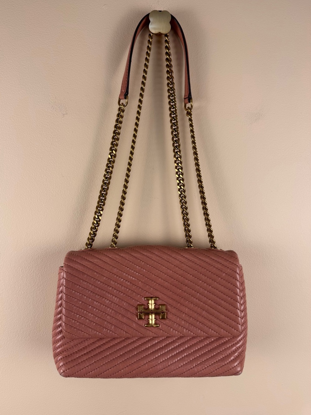Tory Burch Kira Chevron Convertible Shoulder Bag Pink Leather with Dust Bag